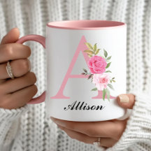 Personalisierter rosafarbener Blumenmonogramm-Bech