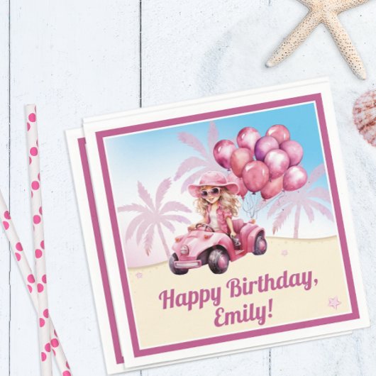 Personalisierter rosafarbener Strand Geburtstag Serviette