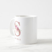 Personalisierter Roségold-Blumen-Initialbuchstabe  Kaffeetasse (Vorderseite Links)