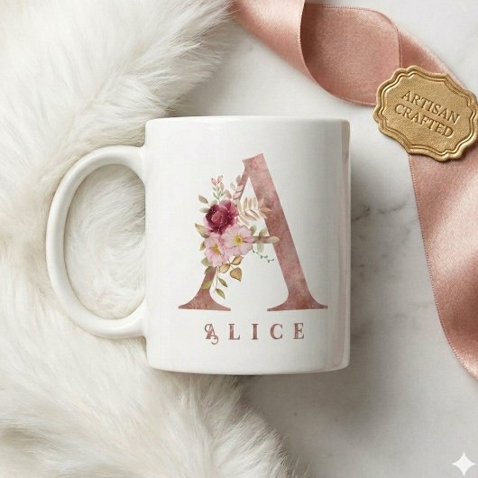Personalisierter Roségold-Blumen-Initialbuchstabe Kaffeetasse