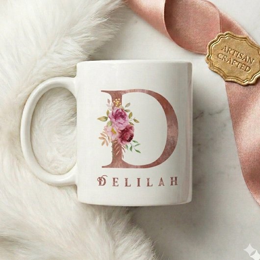 Personalisierter Roségold-Blumen-Initialbuchstabe Kaffeetasse