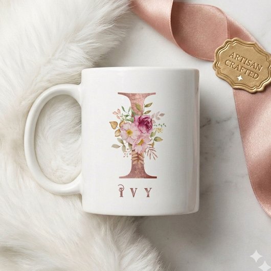 Personalisierter Roségold-Blumen-Initialbuchstabe  Kaffeetasse