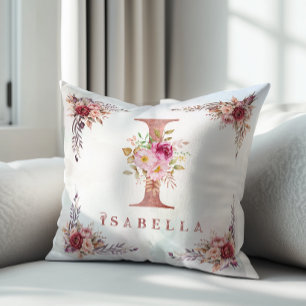 Personalisierter Roségold-Blumenbuchstabe I-Monogr Kissen