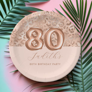 Personalisierter Roségold-Leopardenprint zum 80. G Pappteller