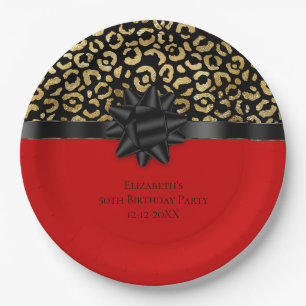 Personalisierter Rot Schwarz Gold Leoparden Druck  Pappteller