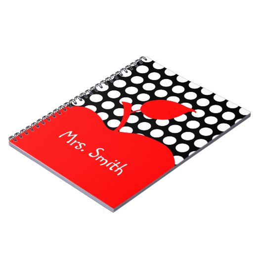 Personalisierter Rotapfelschwarz und weißer Polka- Notizblock (Linke Seite)