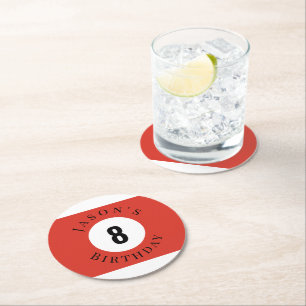 Personalisierter roter Billardpool-Birthday Ball Runder Pappuntersetzer