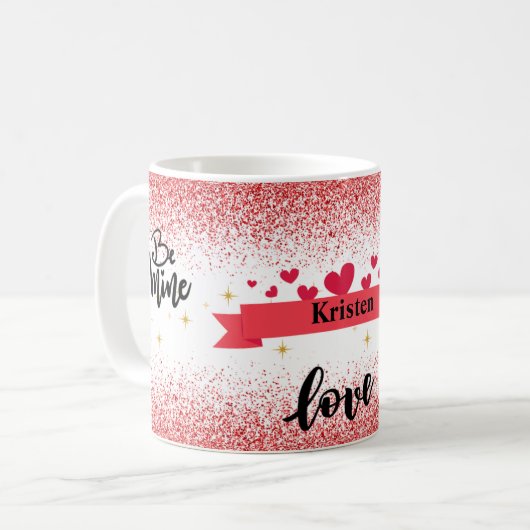 Personalisierter roter Glitzer Romantik Kaffeetasse (Vorderseite Links)