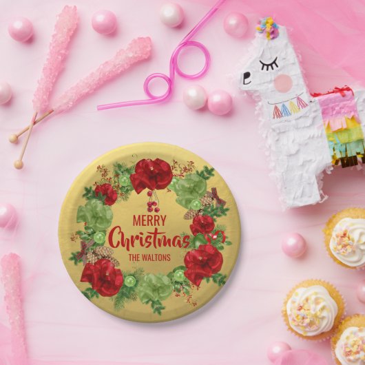 Personalisierter ROTER Goldfrohe WEIHNACHTEN Pappteller (Party)