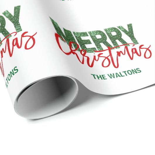 Personalisierter ROTER grüner Glitzer FROHE Geschenkpapier (Rolleneckpunkt)