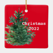 Personalisierter, roter, grüner Pinienbaum Keramikornament (Rückseite)