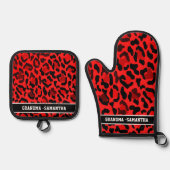 Personalisierter Roter Leopard-Name Ofenhandschuh & Topflappen-Set (Vorderseite)