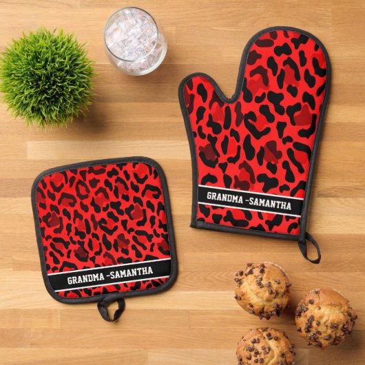 Personalisierter Roter Leopard-Name Ofenhandschuh & Topflappen-Set (Oben Unten)