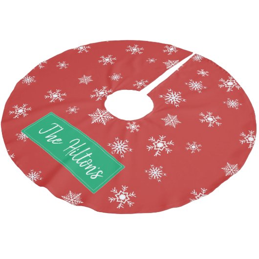 Personalisierter Roter Schneeflocken Polyester Weihnachtsbaumdecke (Schrägansicht)