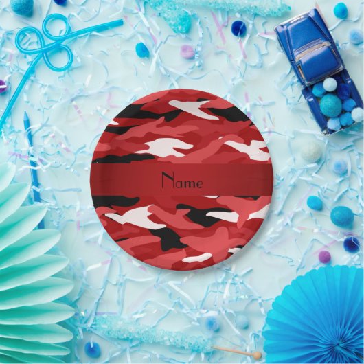 Personalisierter roter Tarnungsrotnamensstreifen Pappteller (Party)