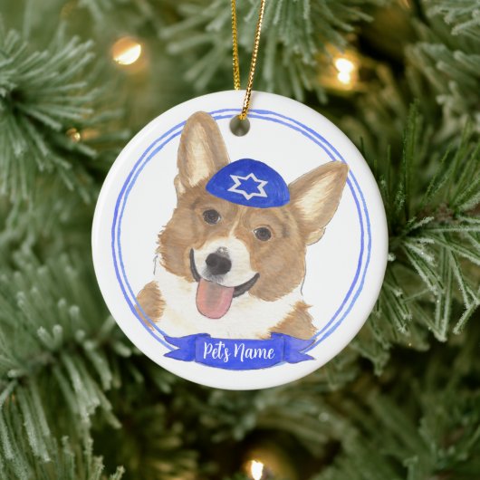 Personalisierter Rotkorgi Dog Hanukkah Keramik Ornament (Baum)