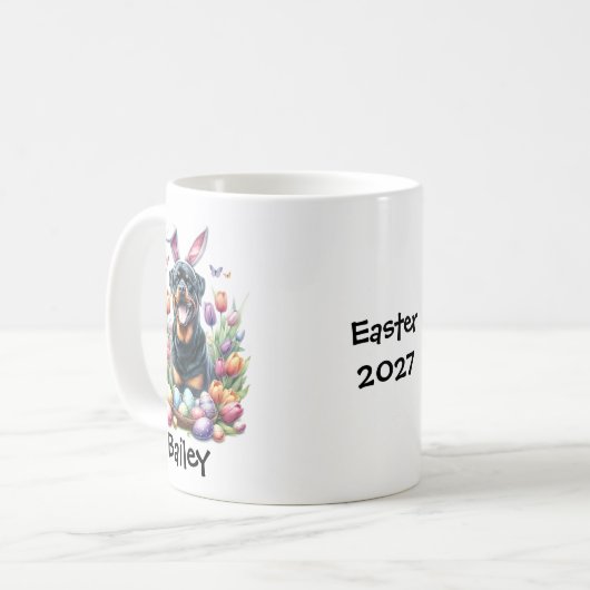 Personalisierter Rottweiler-Hund Ostern/Frühjahr Kaffeetasse (Vorderseite Links)