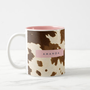 Personalisierter Rustikaler Brauner Kuhlederdruck Zweifarbige Tasse