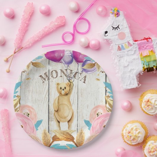 Personalisierter Rustikaler Teddybär Pappteller (Party)