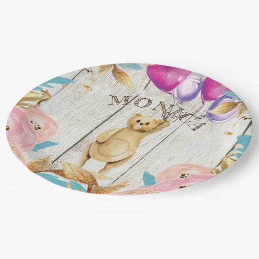 Personalisierter Rustikaler Teddybär Pappteller (Schrägansicht)