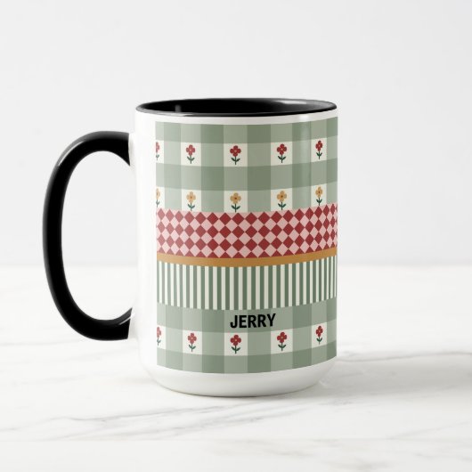 Personalisierter Salbeigrüner Blumenname-Becher Tasse (Links)