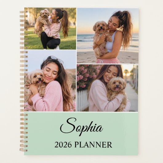 Personalisierter Salbeigrüner Foto-Collage-Planer Planer (Vorderseite)