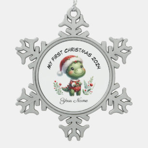 Personalisierter Santa Dinosaurier Erste Weihnacht Schneeflocken Zinn-Ornament
