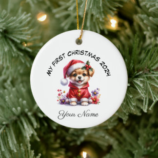 Personalisierter Santa Dog Welpe Erster Weihnachte Keramik Ornament