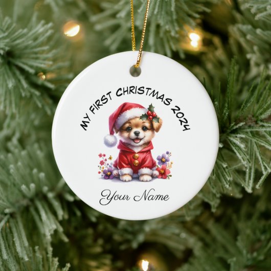 Personalisierter Santa Dog Welpe Erster Weihnachte Keramik Ornament (Baum)