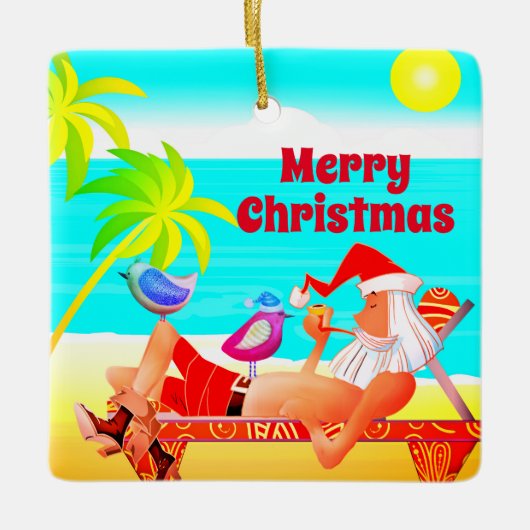 Personalisierter Santa und Birds Beach Frohe Weihn Keramikornament (Vorderseite)
