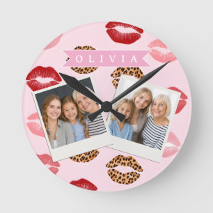 Personalisierter Schicker Rosa Leoparden Druck Lip Runde Wanduhr