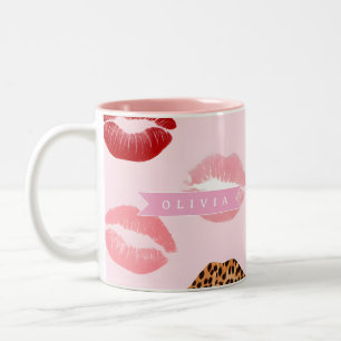Personalisierter Schicker Rosa Leoparden-Druck Lip Zweifarbige Tasse