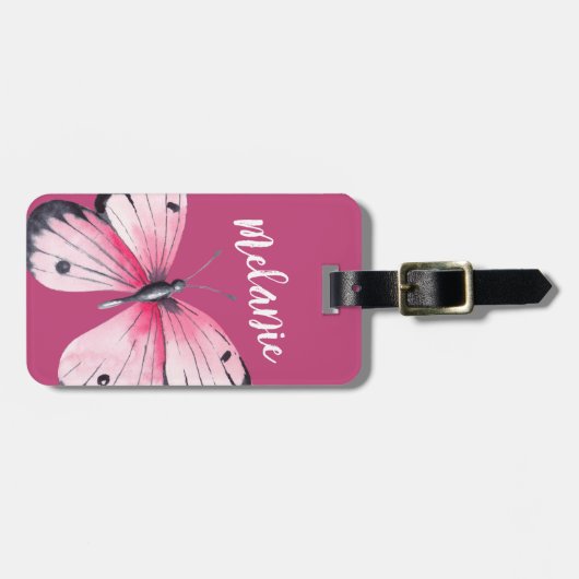 Personalisierter Schmetterling Rosa Weiß Gepäckanhänger (Vorderseite horizontal)
