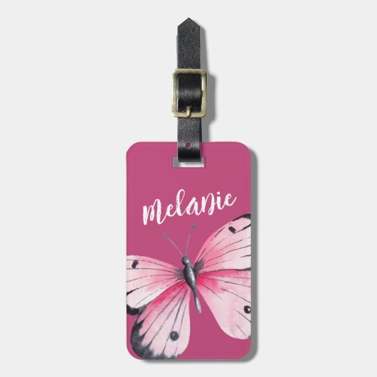 Personalisierter Schmetterling Rosa Weiß Gepäckanhänger (Vorderseite vertikal)