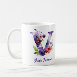 Personalisierter Schmetterling und Blume Buchstabe Kaffeetasse