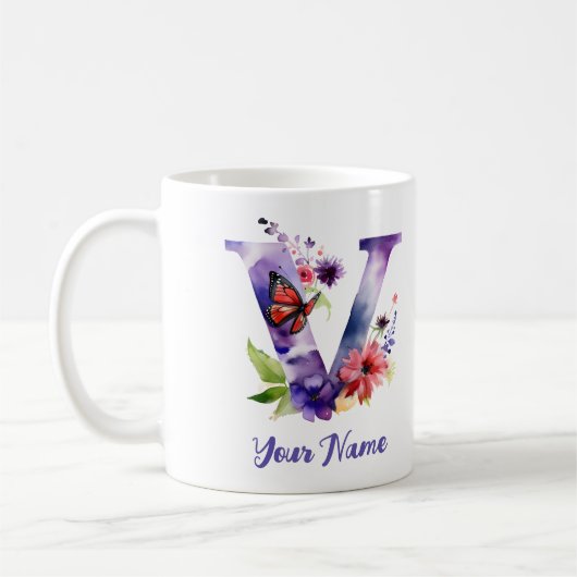 Personalisierter Schmetterling und Blume Buchstabe Kaffeetasse (Links)