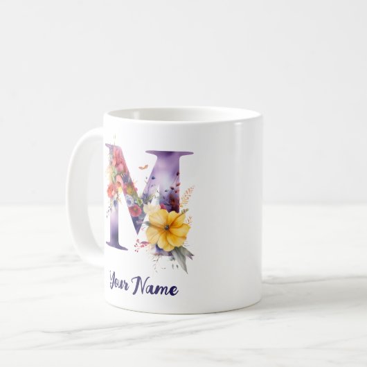 Personalisierter Schmetterling und Blume Buchstabe Kaffeetasse (Vorderseite Links)