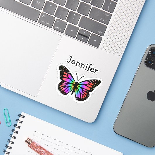 Personalisierter Schmetterling und Name Aufkleber (Laptop mit iPhone)