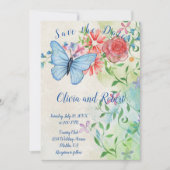 Personalisierter Schmetterling und rote Rose Save The Date (Vorderseite)
