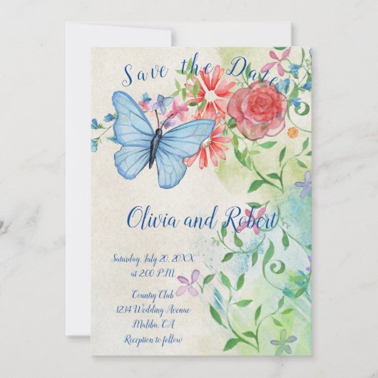 Personalisierter Schmetterling und rote Rose Save The Date (Vorderseite)
