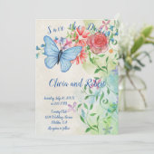 Personalisierter Schmetterling und rote Rose Save The Date (Stehend Vorderseite)