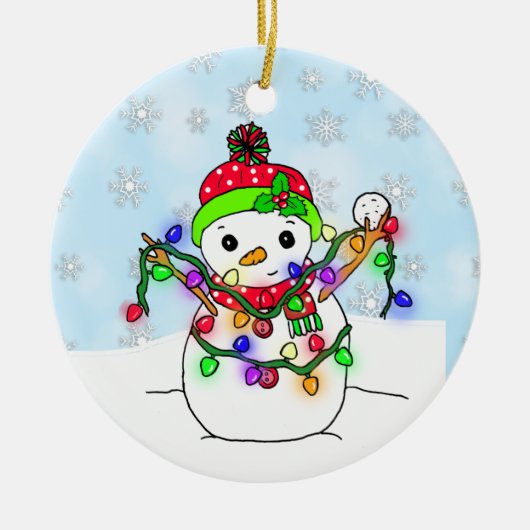 Personalisierter Schneemann mit Weihnachtsbeleucht Keramik Ornament (Vorne)