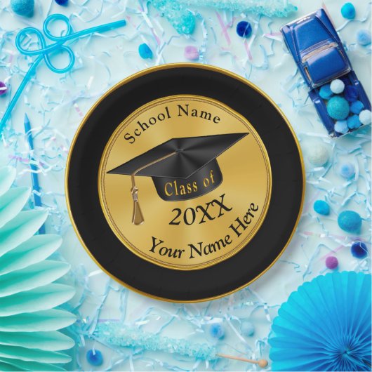 Personalisierter Schwarz-und GoldAbschluss-Teller Pappteller (Party)