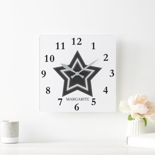 Personalisierter Schwarz-Weiß-Star Quadratische Wanduhr (Zuhause)