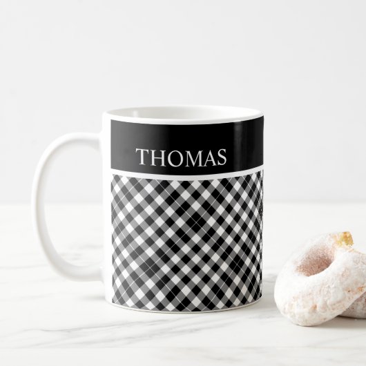 Personalisierter Schwarz-weißer Gingham Individuel Kaffeetasse (Mit Donut)