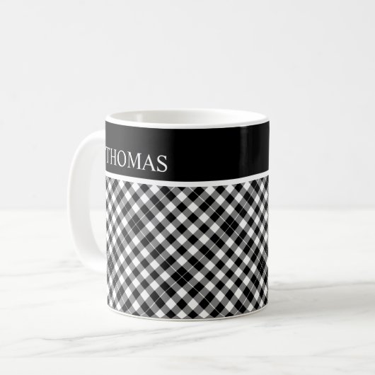 Personalisierter Schwarz-weißer Gingham Individuel Kaffeetasse (Vorderseite Links)