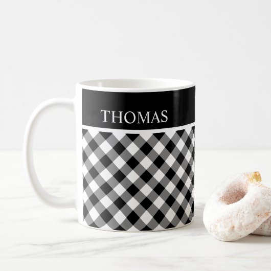 Personalisierter Schwarz-weißer Gingham Individuel Kaffeetasse (Mit Donut)