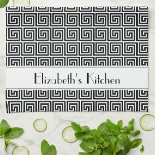 Personalisierter Schwarz-weißer griechischer Meand Geschirrtuch