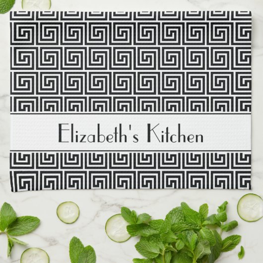 Personalisierter Schwarz-weißer griechischer Meand Geschirrtuch (Gefaltet)