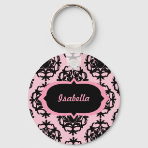 Personalisierter schwarzer Damast auf rosa Schlüsselanhänger